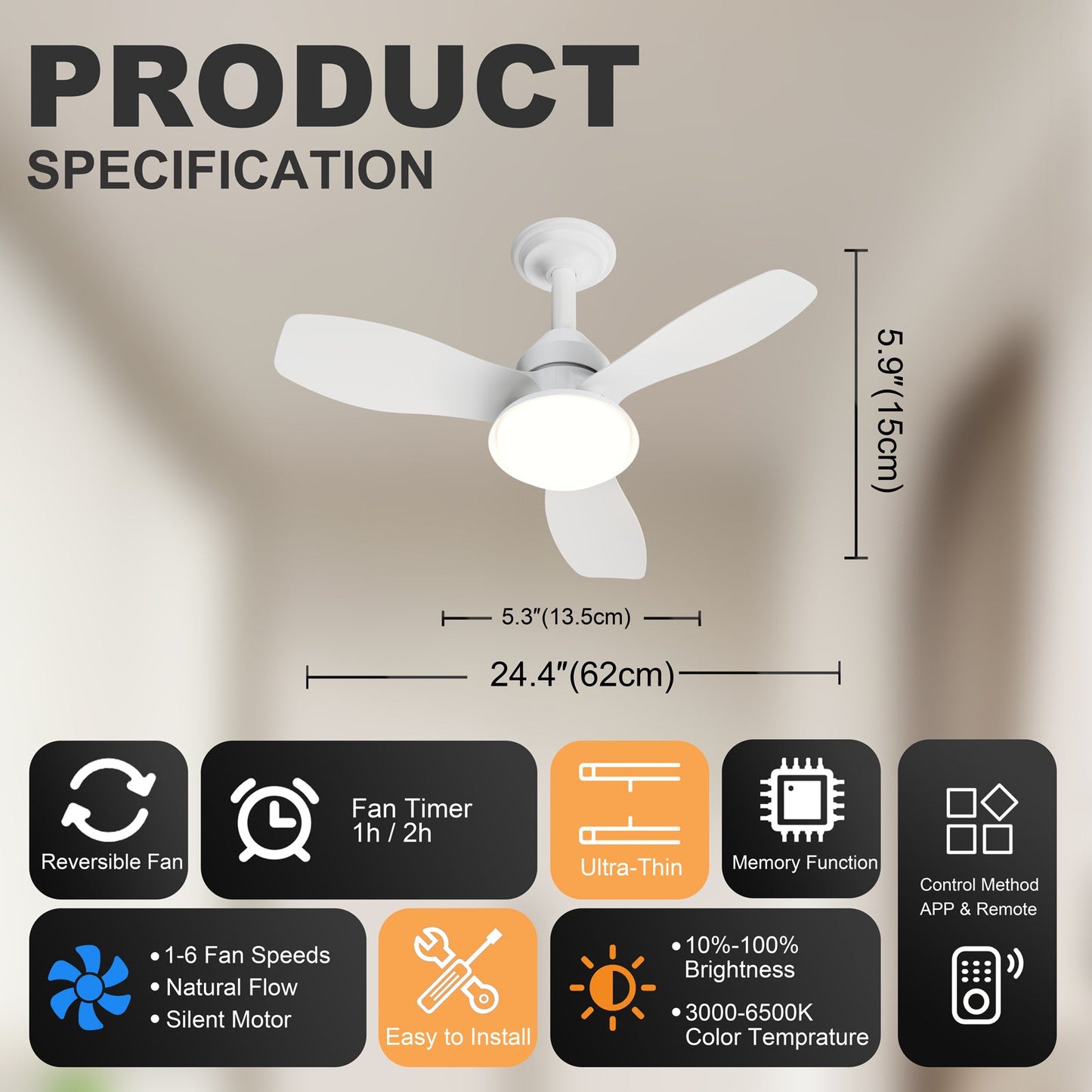 24.4" Modern Ceiling Fan with Light
