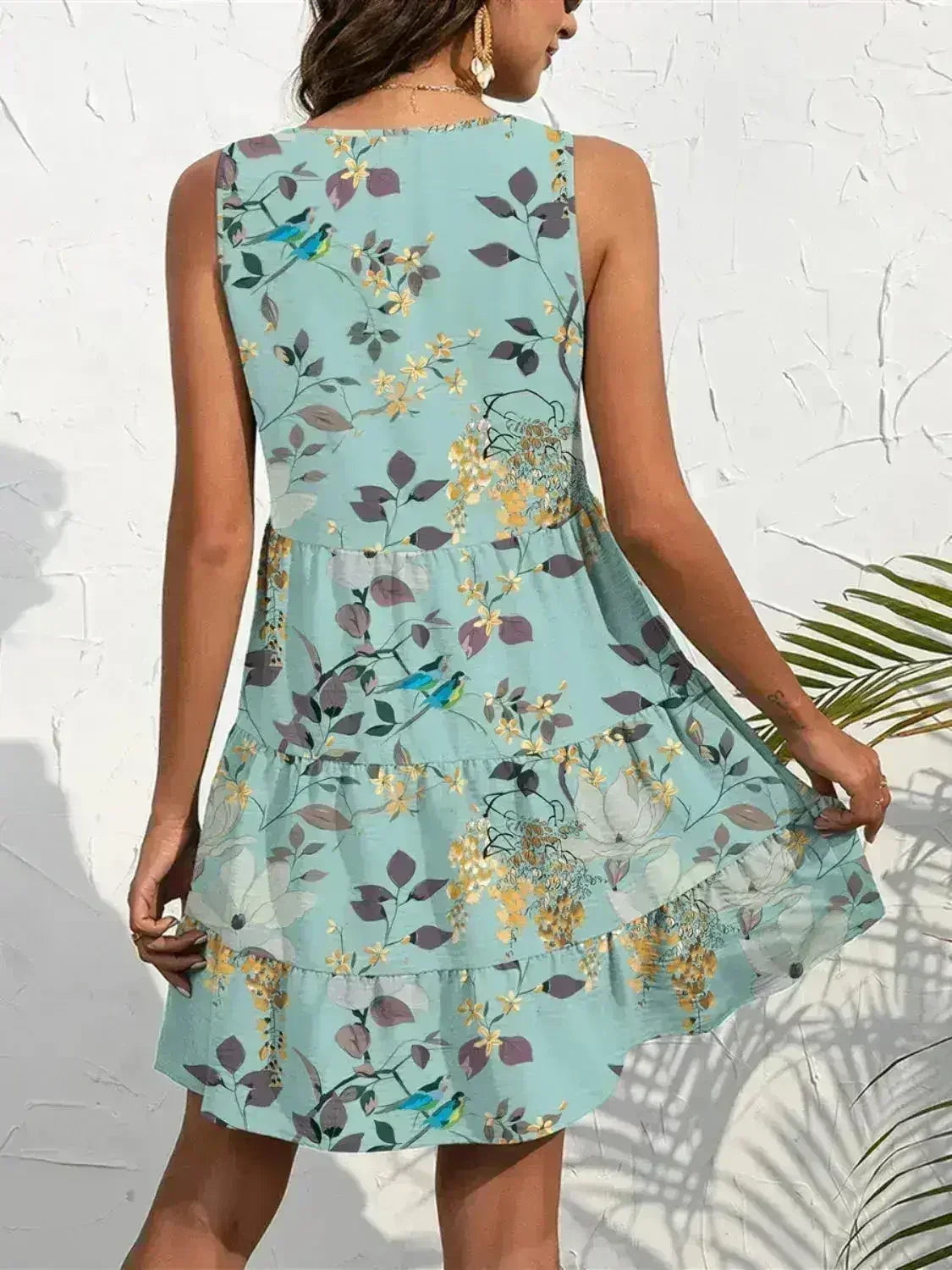 Printed V-Neck Mini Dress – Sleeveless & Button Detail