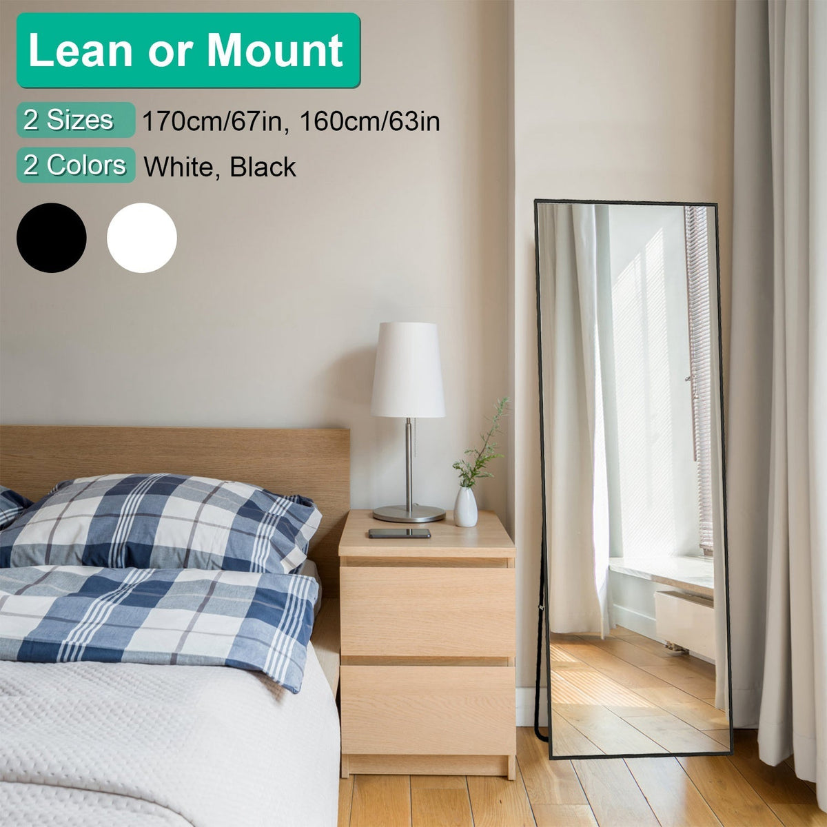 Full Length Mirror 63x18.9in Aluminum Alloy Wall Mirror Free Standing Floor Mirror Hanging Leaning Against Wall for Dressing Bedroom Living Room