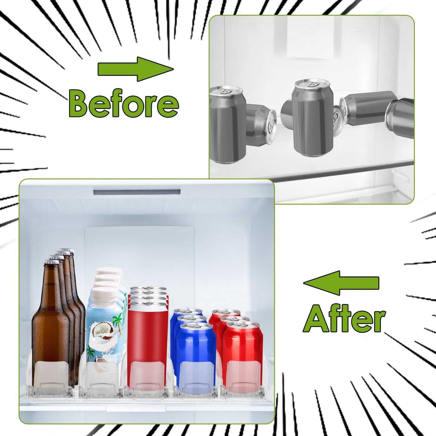 Drink Organizer for Fridge Spring Loaded Beverage Dispenser Width Adjustable Drink Holder with Automatic Pusher Glide 5 Rows Hold up to 25 Cans Bottle