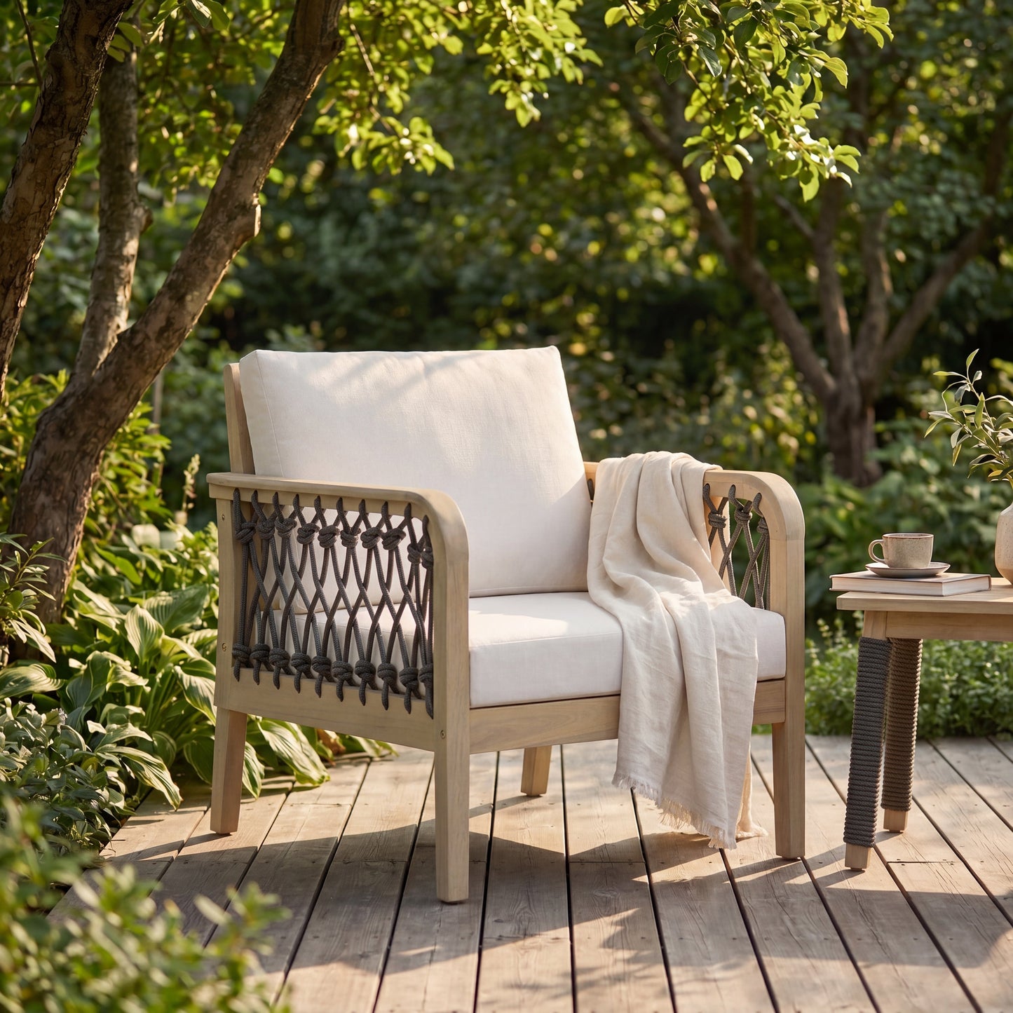 Outdoor Acacia Wood Club Chair with Handwoven Rope, Light Teak Finish