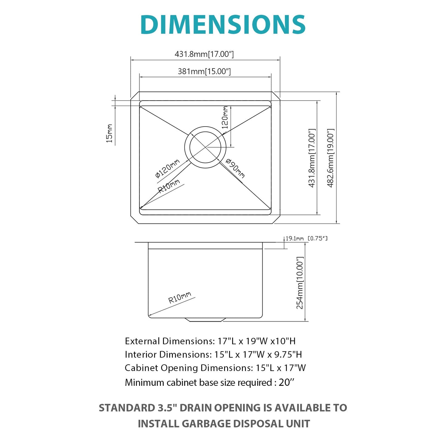 17" Undermount Kitchen Sink - Single Bowl