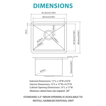 17" Undermount Kitchen Sink - Single Bowl