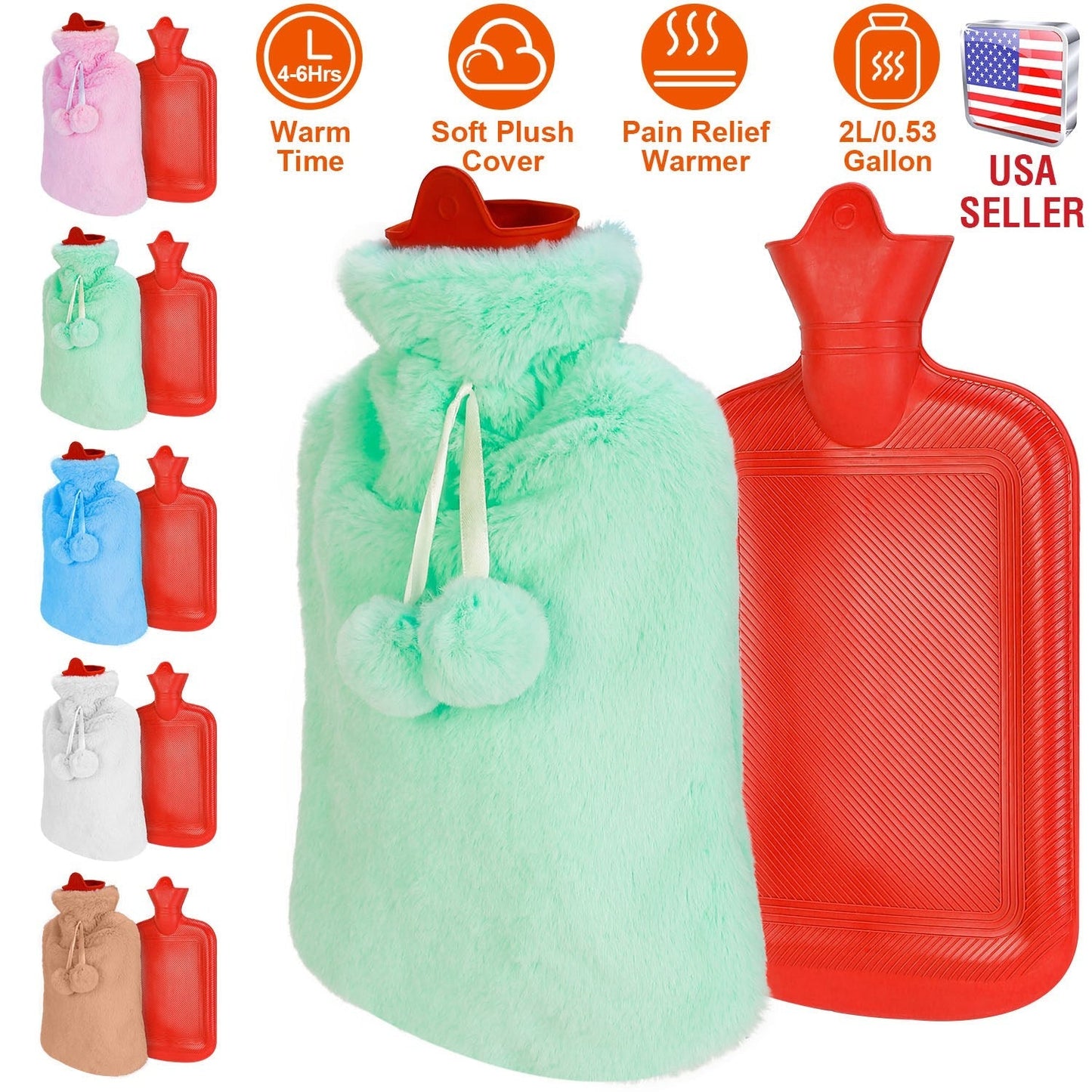 2L Hot Water Bottle w/ Plush Cover Classic Natural Rubber Hot Water Bag Feet WarmerÊFor Pain Relief Hot Compress Heat Therapy Warm Neck Shoulders