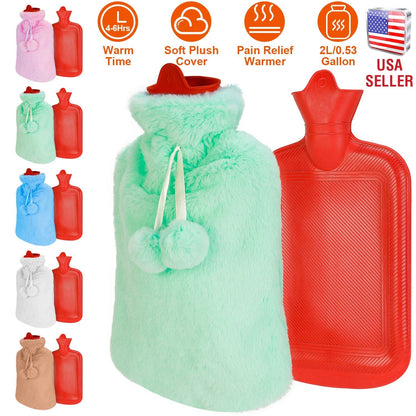 2L Hot Water Bottle w/ Plush Cover Classic Natural Rubber Hot Water Bag Feet WarmerÊFor Pain Relief Hot Compress Heat Therapy Warm Neck Shoulders