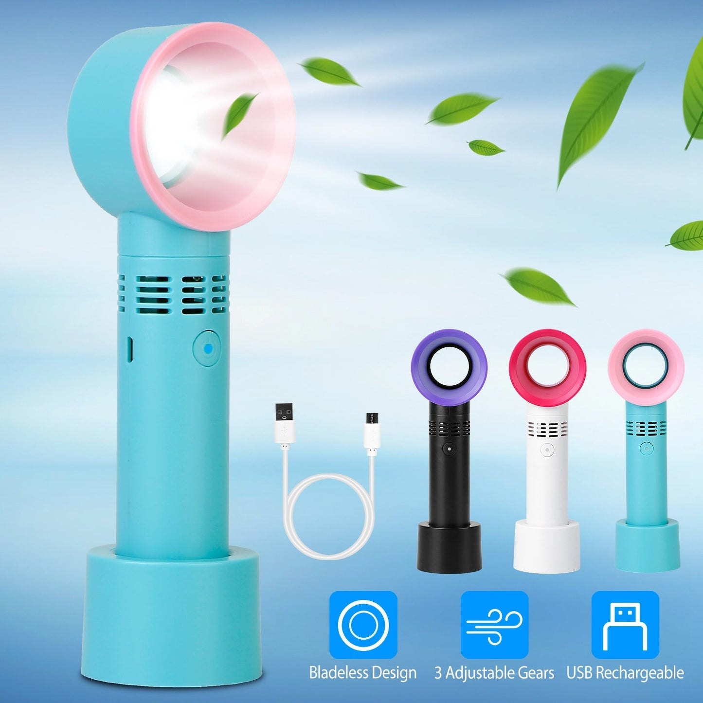 Portable Handheld Bladeless Fan Rechargeable Cooling USB Fan Desktop Use Fan w/ 3 Gears LED Indicator Cooling Fan
