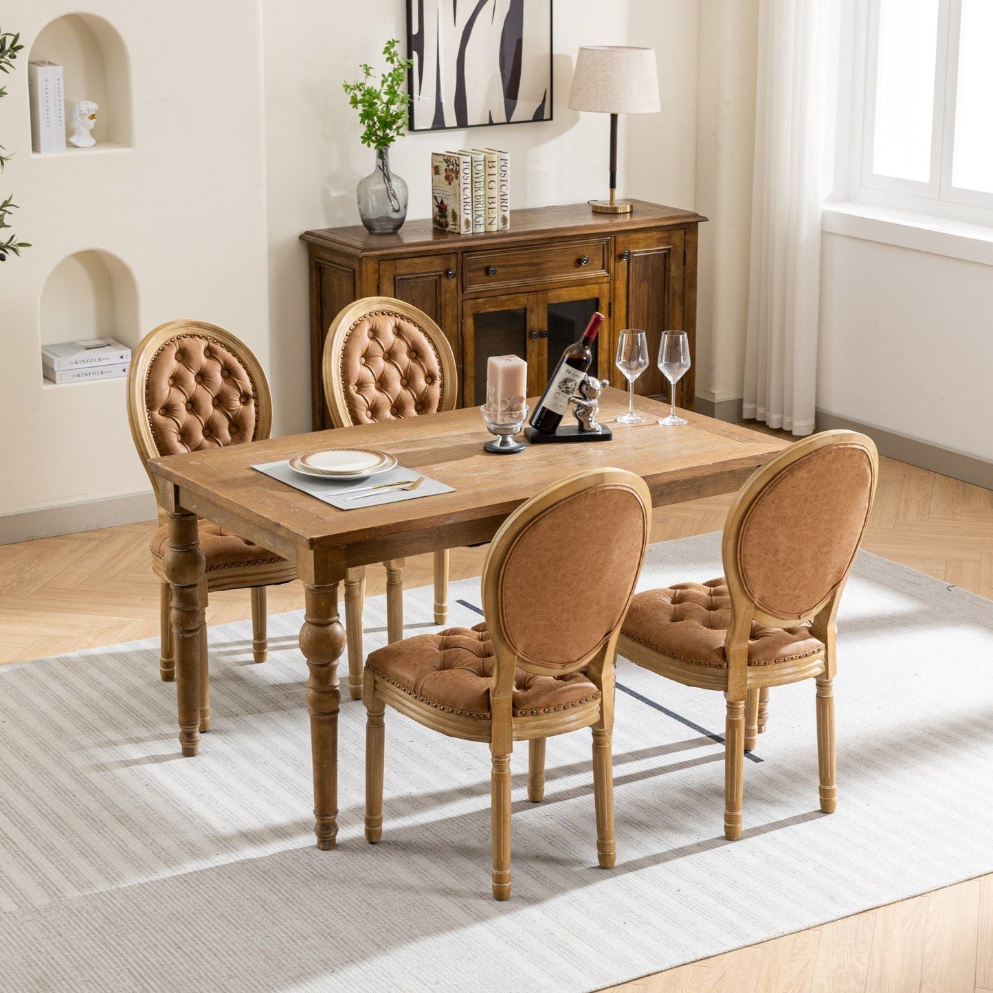 French Style Solid Wood Frame Antique Painting, Hand-Pulled Buckle Decoration Artificial Dining Chair With Nailhead Trim, Wood Legs