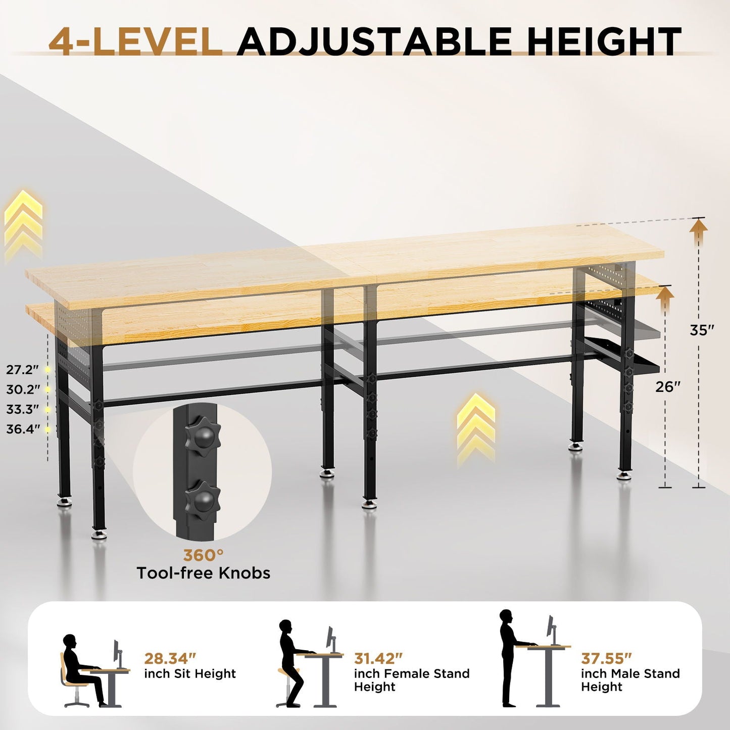 Adjustable Workbench, Side Pegboard, 4 Height Settings, Power Outlet, Storage Box, Wheels Or Leveling Feet - Black