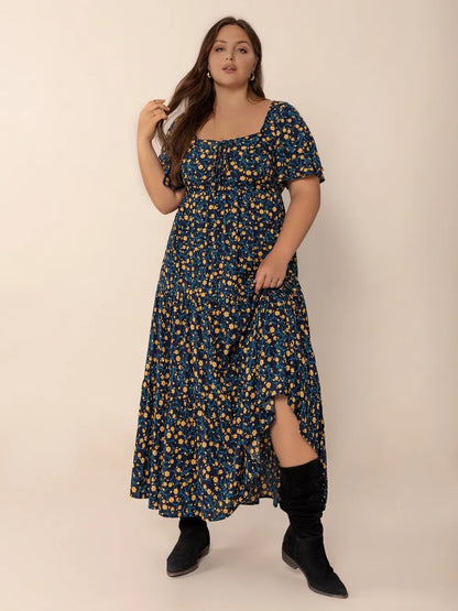 Printed Short Sleeve Slit Tiered Maxi Dress