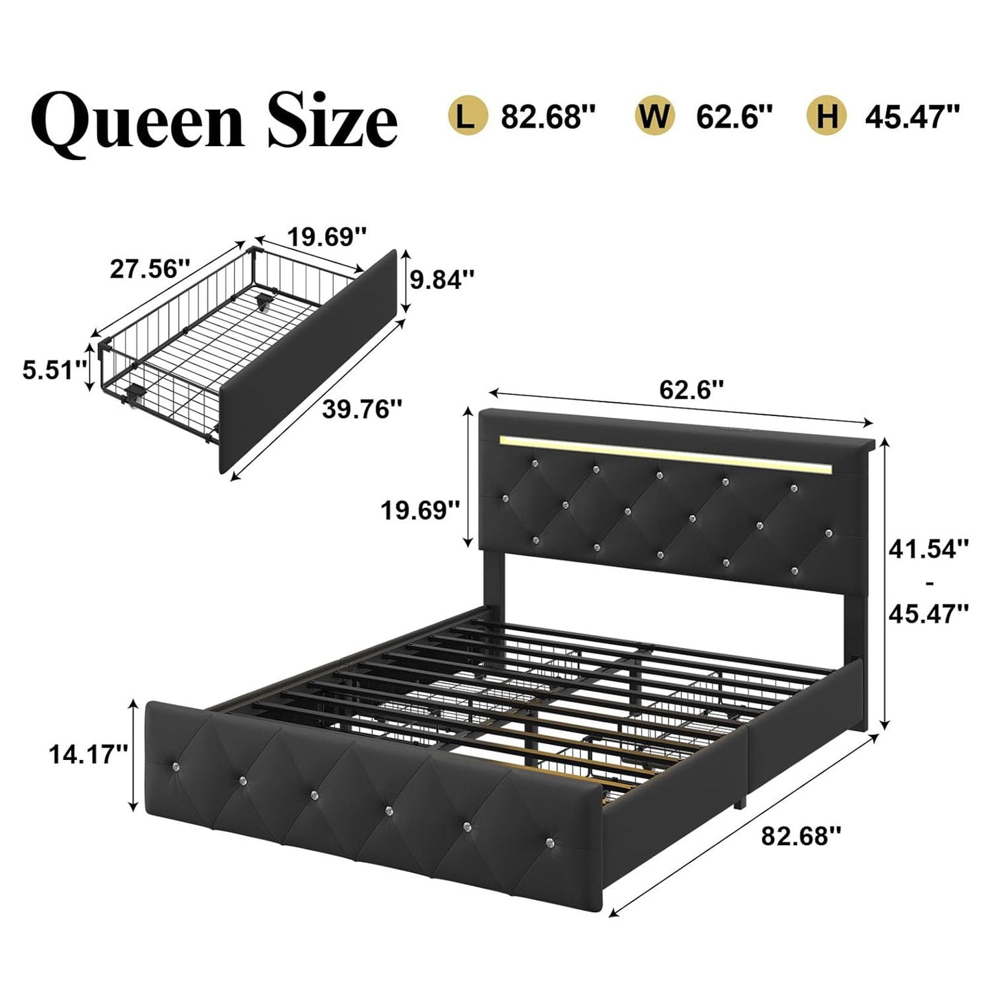 Upholstered Bed Frame With LED Lights, 4 Storage Drawers, Charging Station