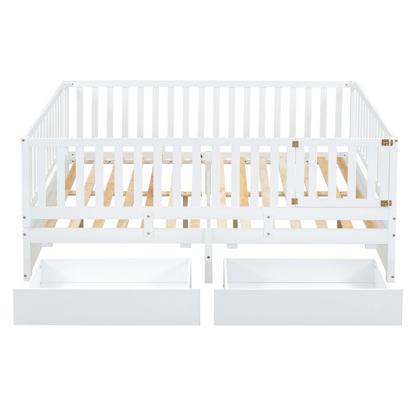 Daybed With Fence Guardrails And 2 Drawers, Split Into Independent Floor Bed & Daybed