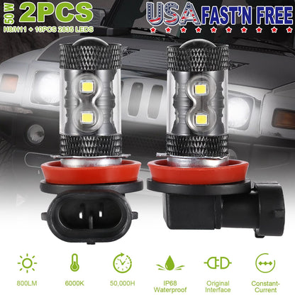 2PCS 800LM 50W H8/H9/H11 LED Fog DRL Light Bulb IP68 Waterproof 10 2835 LEDs 360¡ Beam Angle 6000K White
