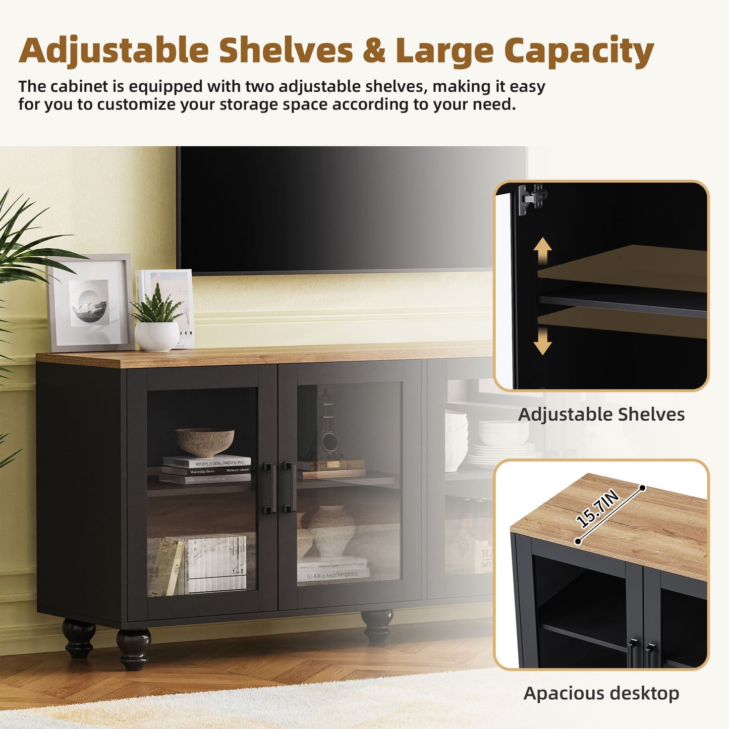 Farmhouse TV Stand With Solid Wood Gourd Shaped Legs For TVs Up To 70"