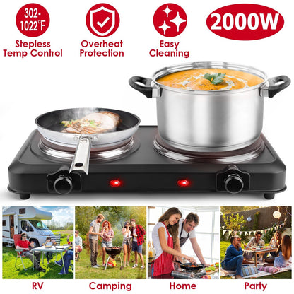 2000W Electric Infrared Dual Burner Portable Heating Hot Plate Stove Countertop RV Hotplate with 7.5Ó & 6.3Ó Glass Cooktop Stepless Temperature Adjust