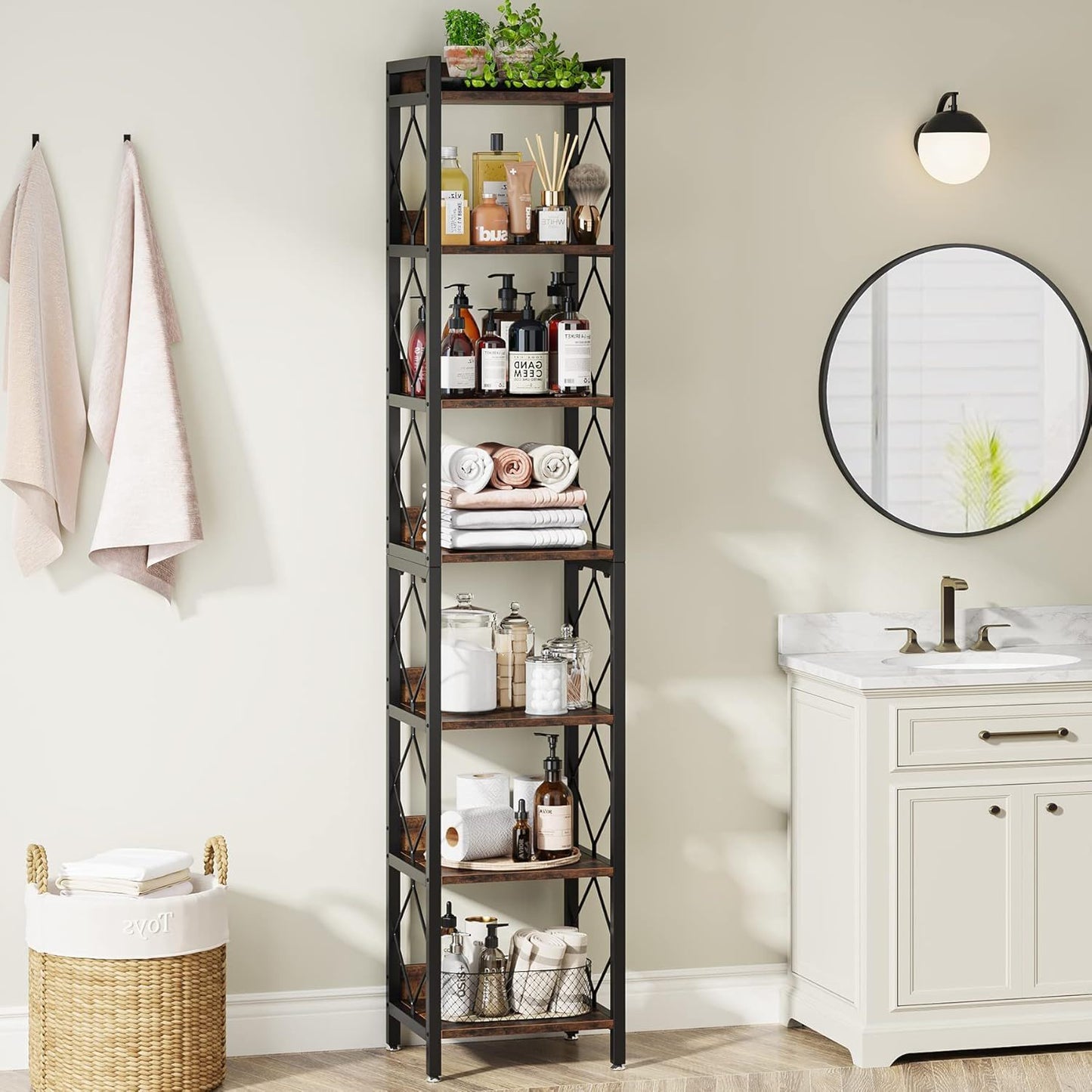 Extra Tall 7 Tier Narrow Corner Bookshelf Storage Display Rack For Living Room - Rustic Brown