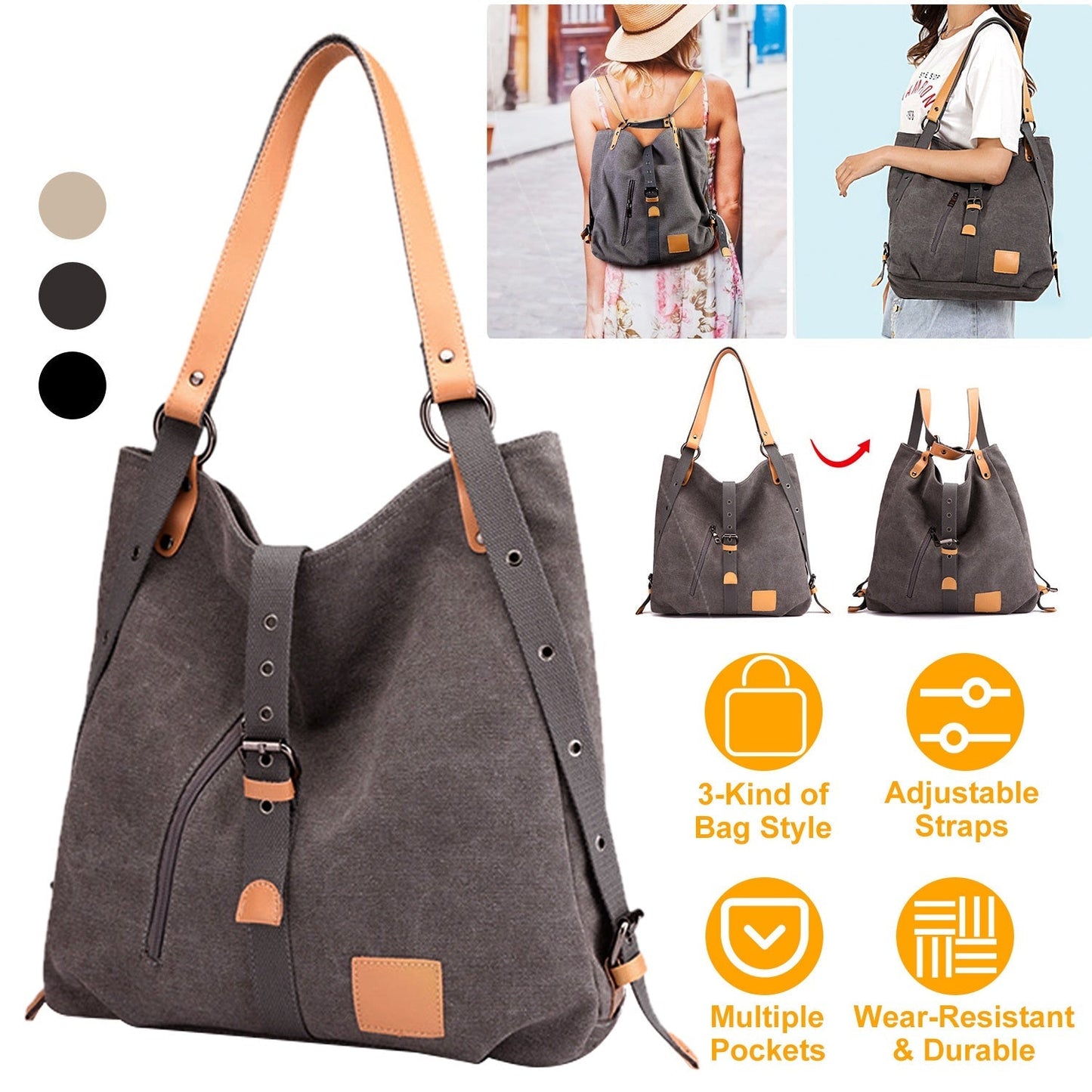 Ladies Canvas Tote Bag Multifunctional Purse Handbag Adjustable Shoulder Rucksack Convertible Backpack Wear-Resistant Dirt-Proof For Women School Offi