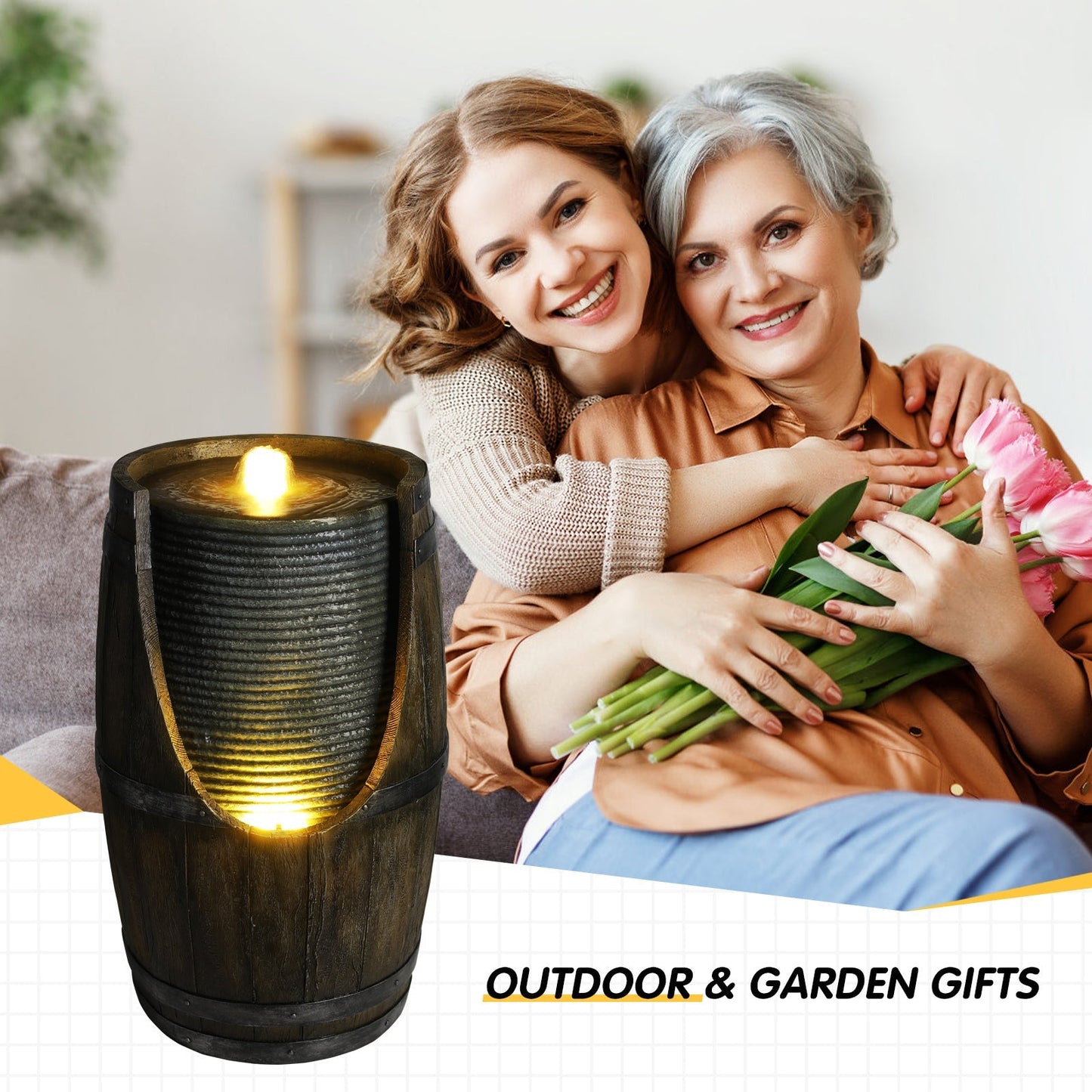 Wooden Barrel Style Outdoor Water Fountain with Lights