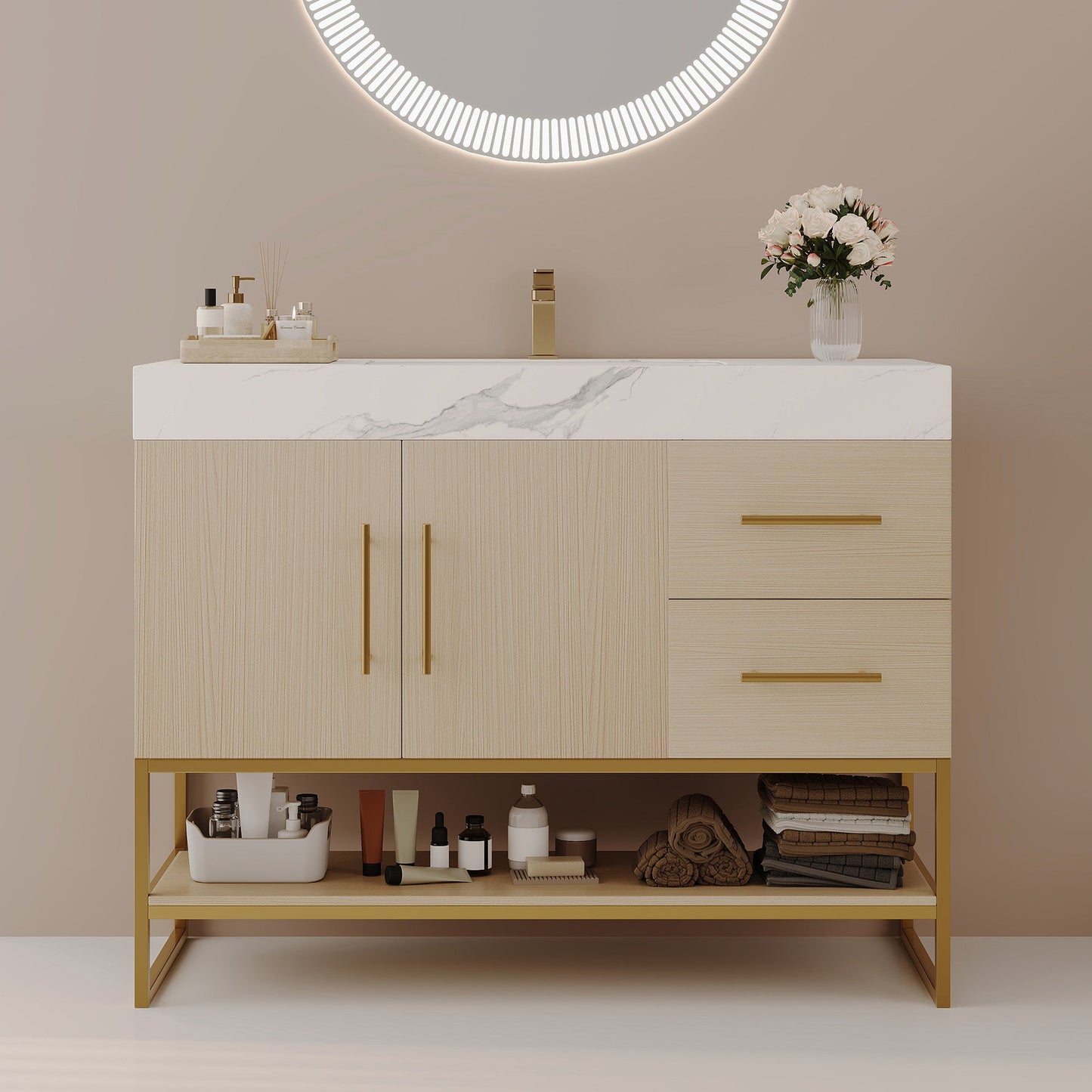 36" Modern Free-Standing Bathroom Vanity with Seamless Ceramic Sink & Sintered Stone Top