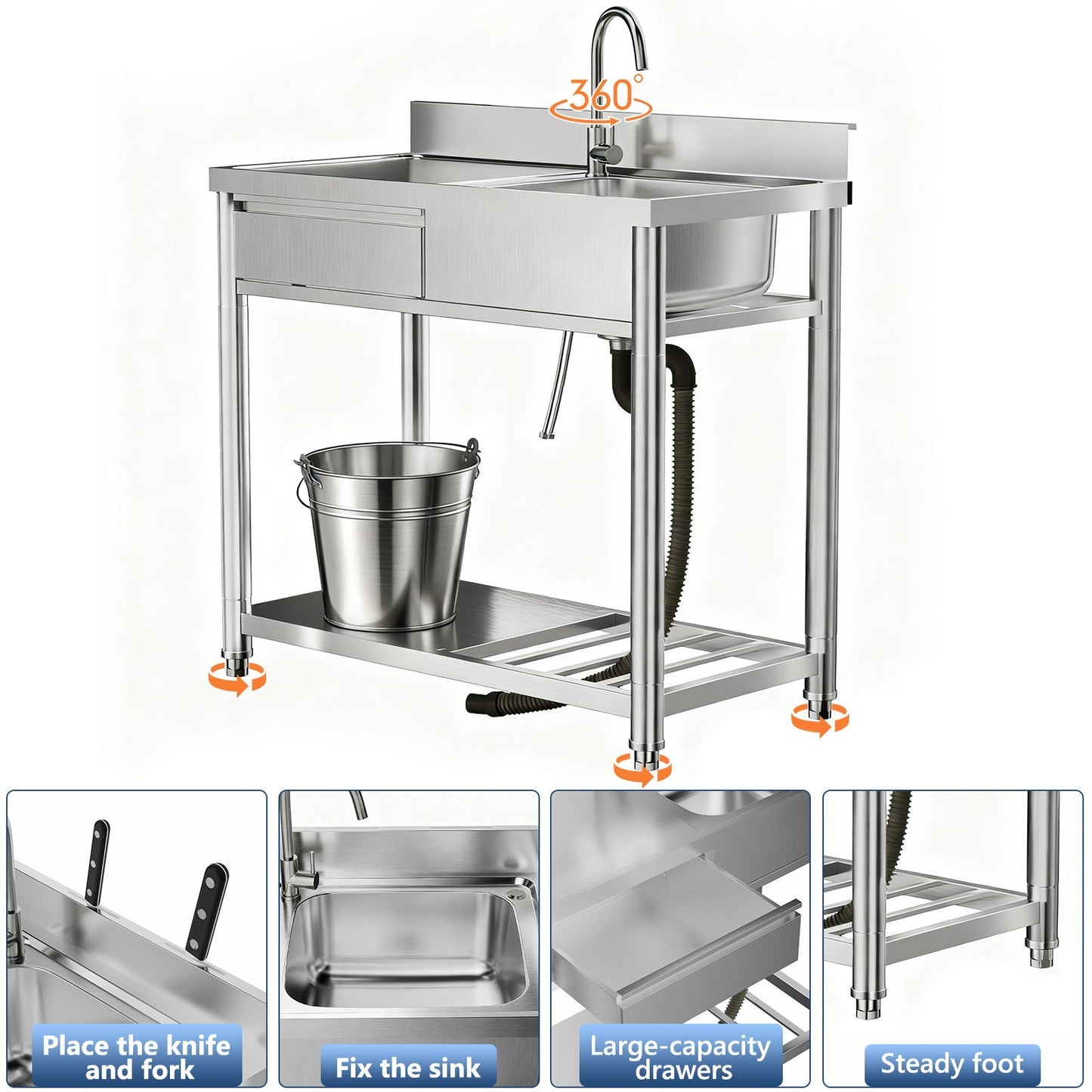 Outdoor Utility Sink With Workbench & Storage Shelf, Freestanding Prep Table With Left Drawer, Garden Patio Sink Station With 360° Hot & Cold Water Faucet - Silver