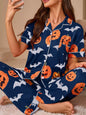 Halloween Pumpkin and Bat Print Button-Down Top and Pants Lounge Set