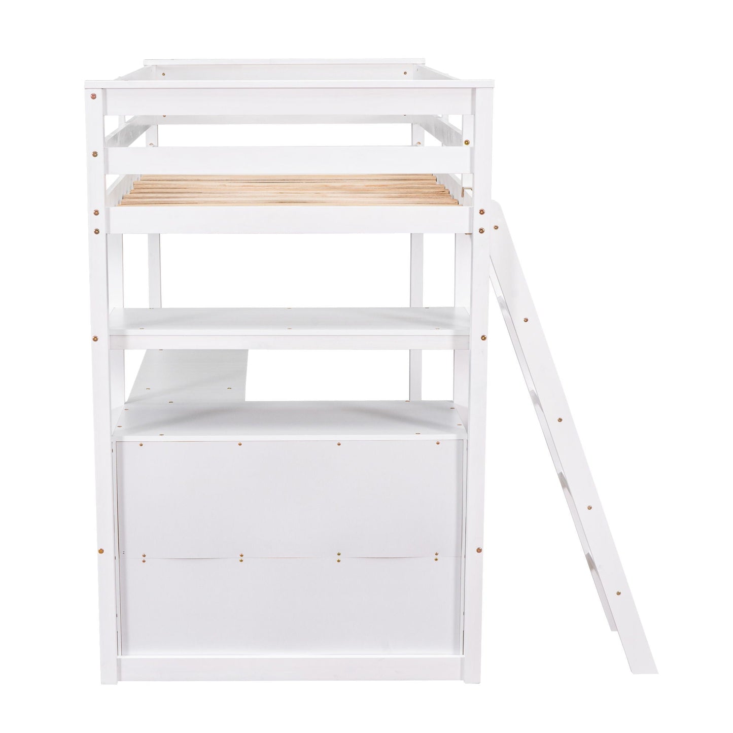 Modern Loft Bed With Built In Desk, Shelves, And 2 Drawers