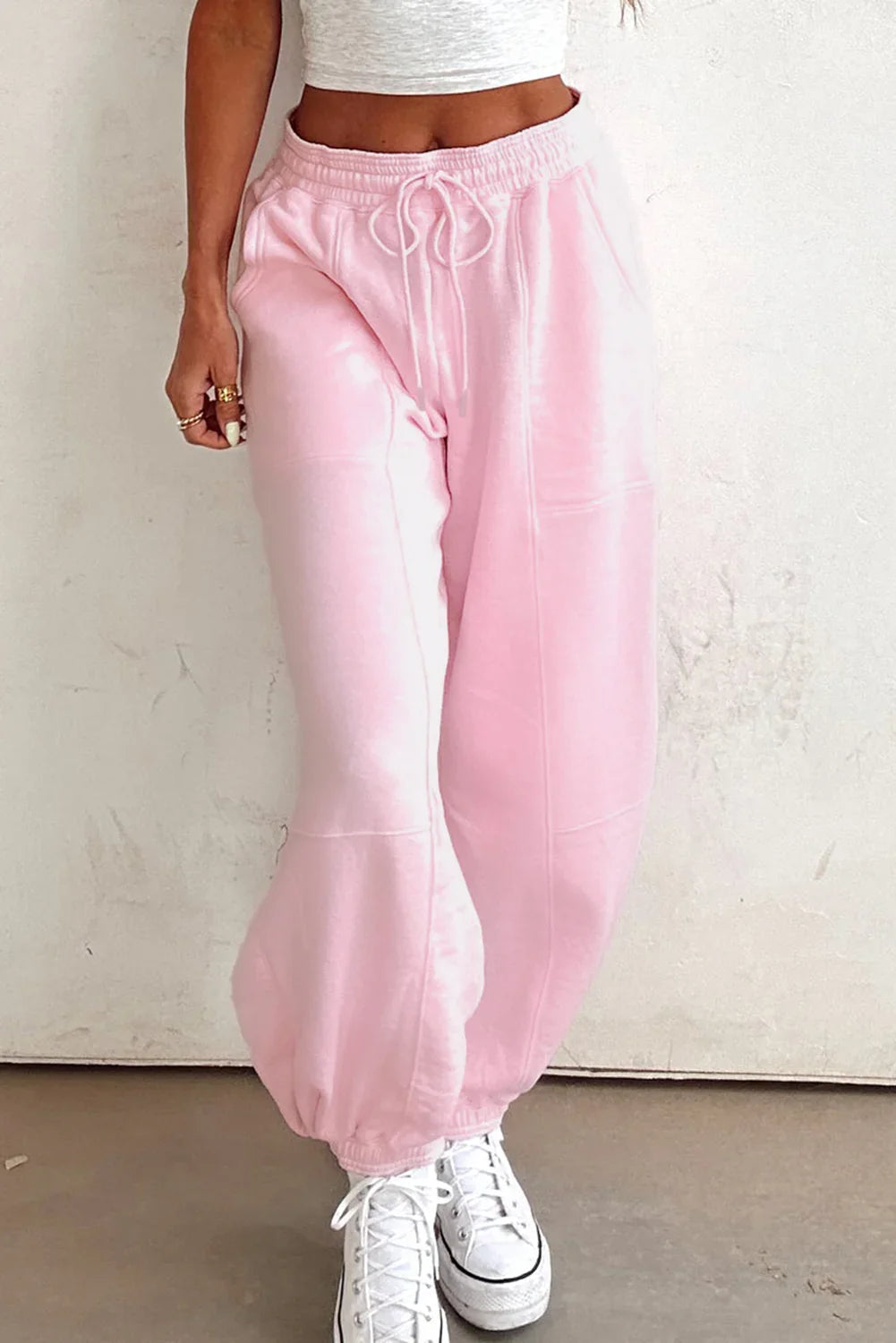 Lilac Tie Elastic Waist Solid Color Patchwork Jogger Pants
