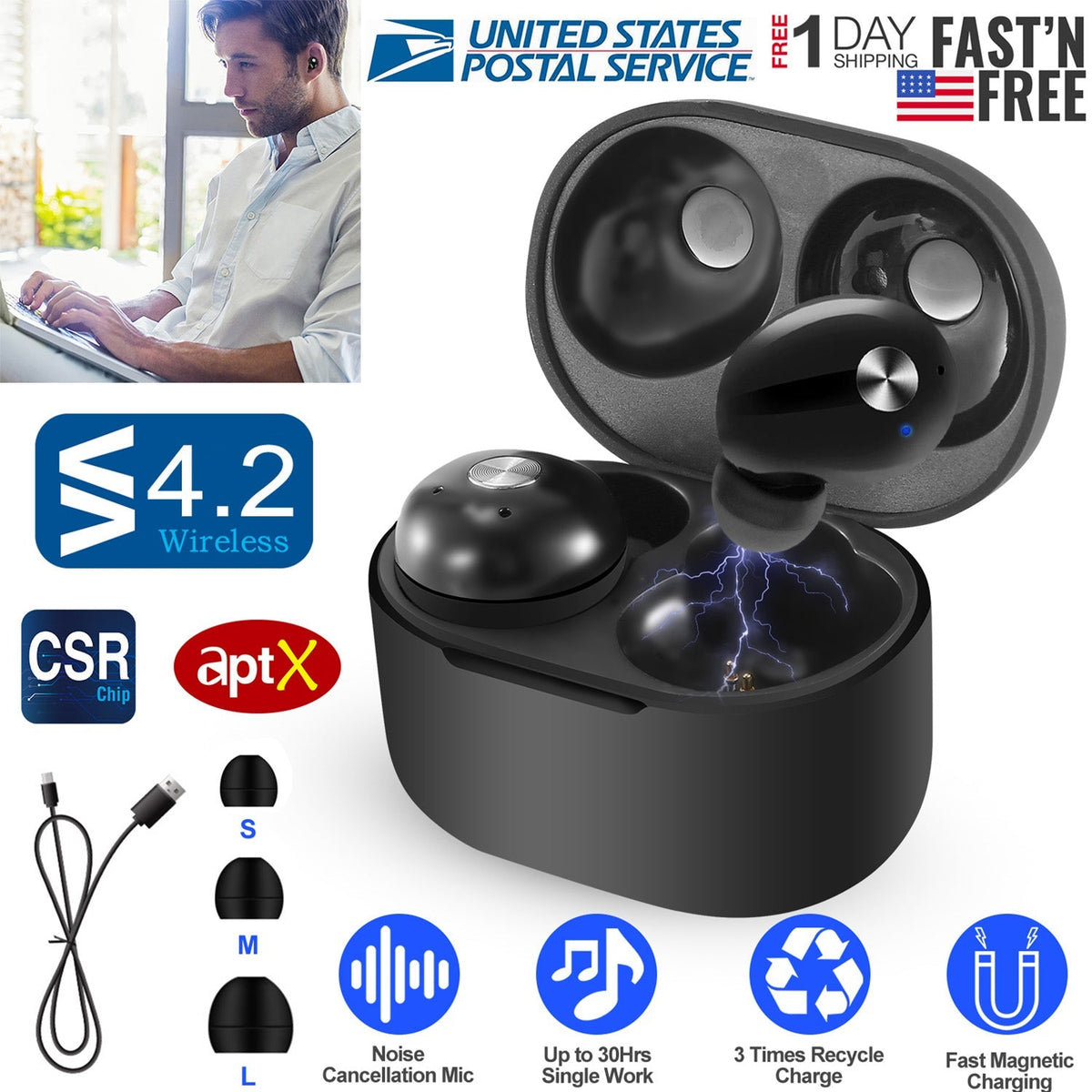 TWS True Wireless V4.2 Earbuds IPX4 In-ear stereo Earphone Hands-free Deep Bass Earpiece w/Mic Magnetic Charging Case 30Hrs Single Earbud Work Time Dr