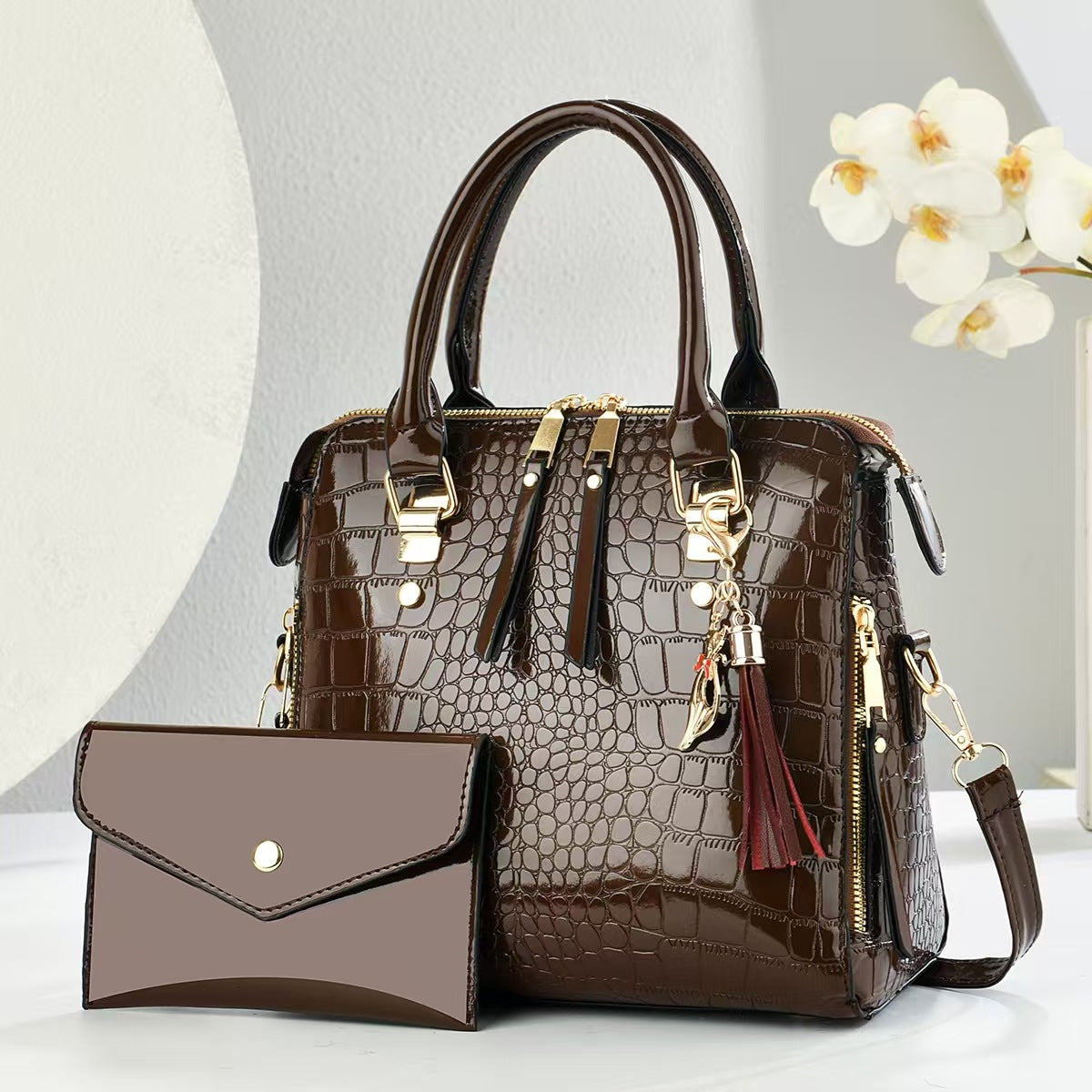 Womens Fashion Crocodile-Print Set Of Two Handbag And Crossbody Bag