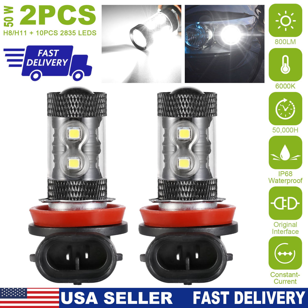 2PCS 800LM 50W H8/H9/H11 LED Fog DRL Light Bulb IP68 Waterproof 10 2835 LEDs 360¡ Beam Angle 6000K White