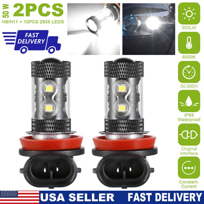 2PCS 800LM 50W H8/H9/H11 LED Fog DRL Light Bulb IP68 Waterproof 10 2835 LEDs 360¡ Beam Angle 6000K White
