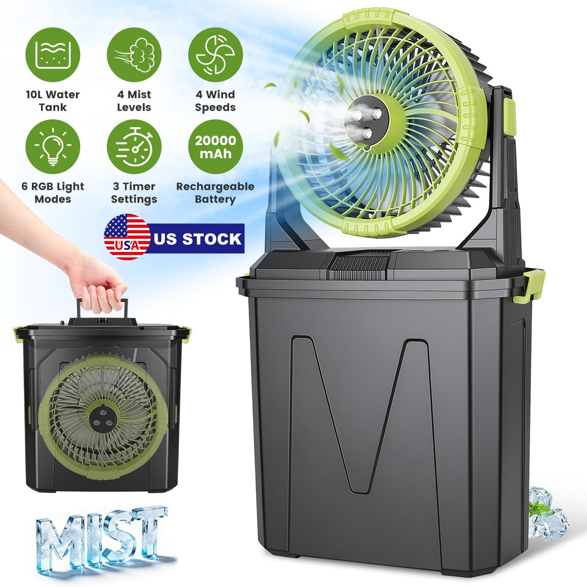 Portable Misting Fan with 10L Bucket & 20000mAh Battery
