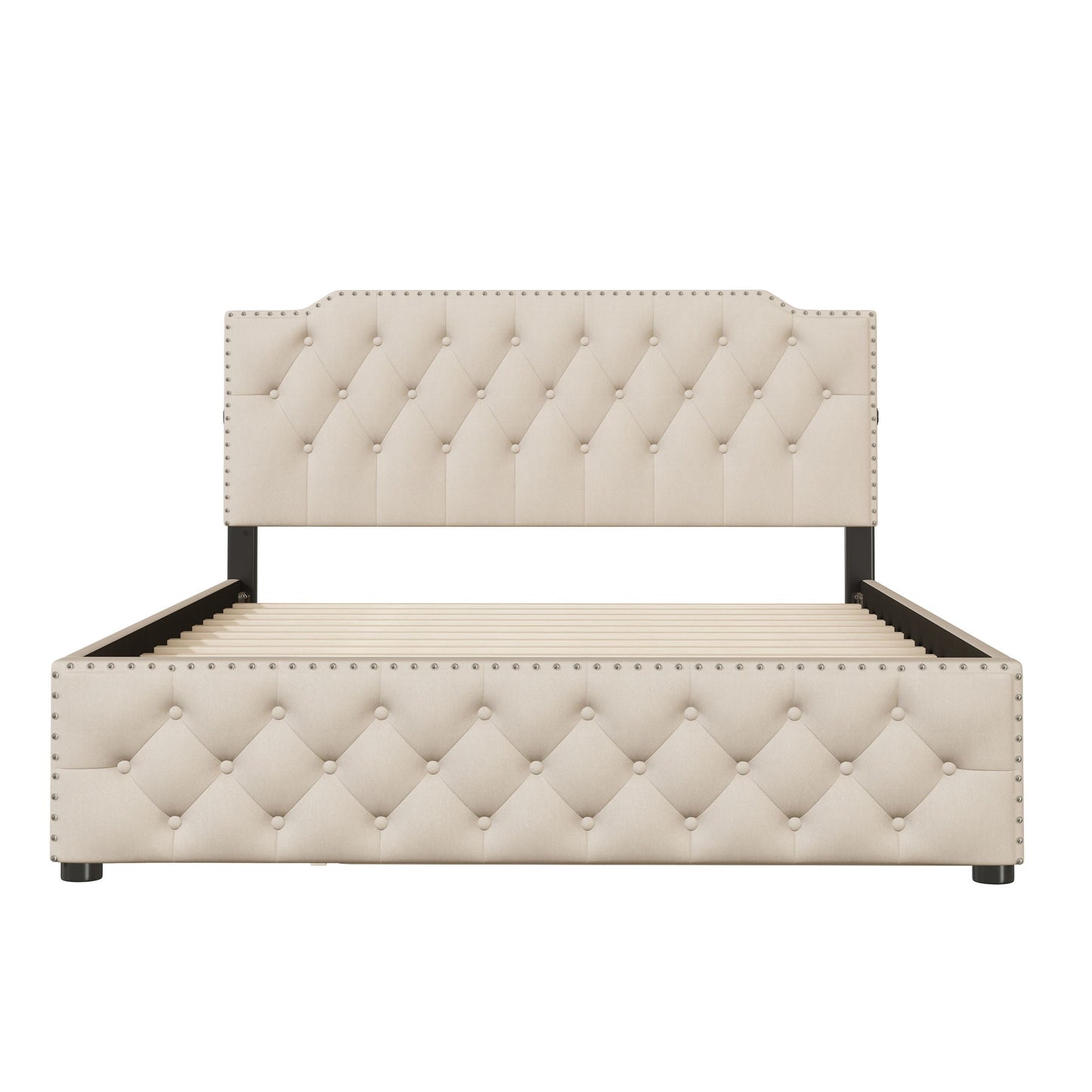 Upholstered Platform Bed With Trundle And 2 Sets Of USB Ports On Each Side, Fabric