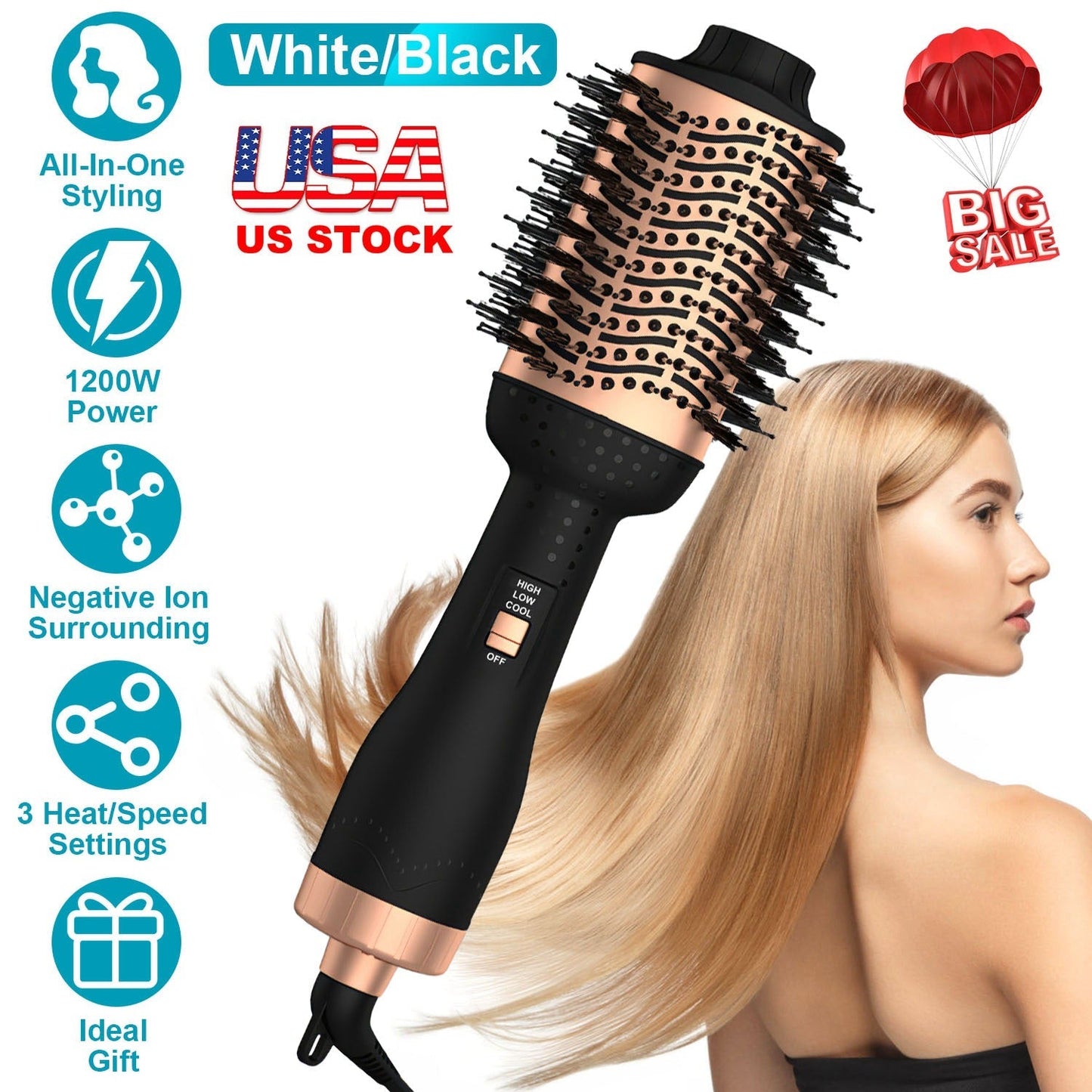 4 In 1 Hair Dryer Brush Curling Brush Hair Styler Volumizer Straightener Negative Ion Anti-frizz Hot-Air Hair Brush for All Hair Types Black White