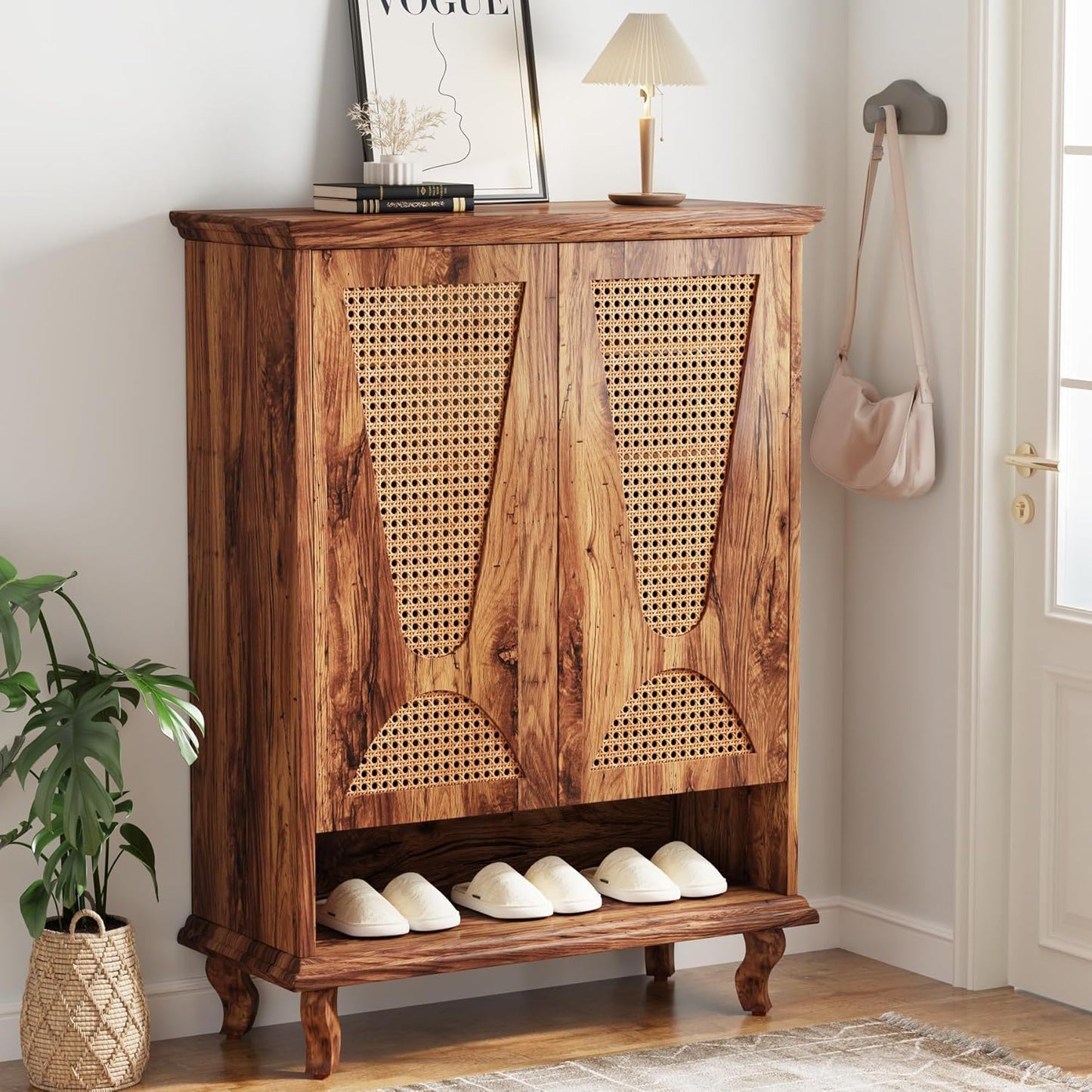 Shoe Cabinet With 5 Tier Freestanding Organizer, Ventilated Doors - Natural Wood