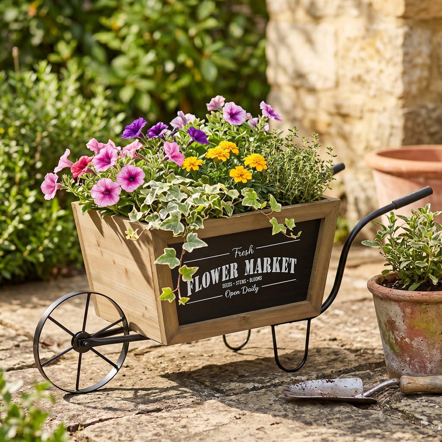Farmhouse Wheelbarrow Planter with Flower Market Sign