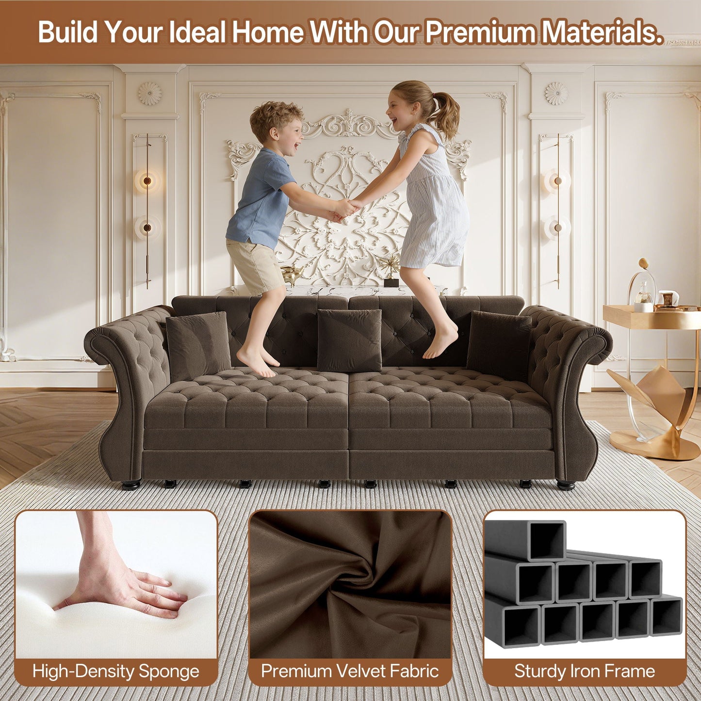 Oversized Chesterfield Pull Out Sofa Bed, Roll Arm Couch With Flower Tufting For Living Room