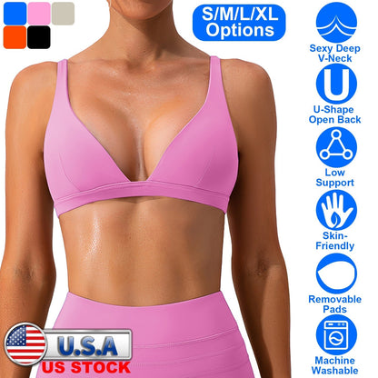 Women Deep V-Neck Sports Bras U-Shaped Back Sport Bras Padded StrappyÊCrop Open Back Low Impact Bras SexyÊFitnessÊTank Tops with Removable Pads for Gy
