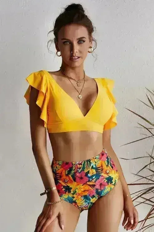 Floral Ruffled Bikini Set - High Waist Tropical Print | Femstylo
