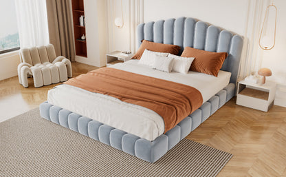 Velvet Upholstered Queen Bed with Shell-Shaped Headboard