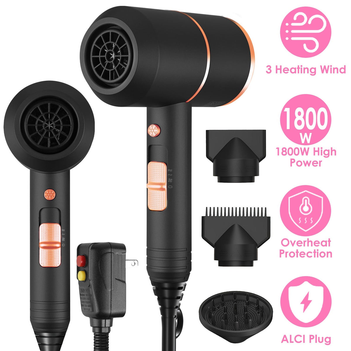 1800W Hair Dryer Portable Compact Hair Blow Dryer with Cool/Warm/Hot Wind with Diffuser Concentrator/Comb Nozzle ALCI Plug Overheat Protection for Wom