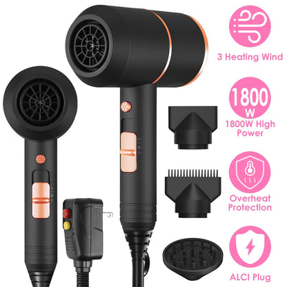 1800W Hair Dryer Portable Compact Hair Blow Dryer with Cool/Warm/Hot Wind with Diffuser Concentrator/Comb Nozzle ALCI Plug Overheat Protection for Wom