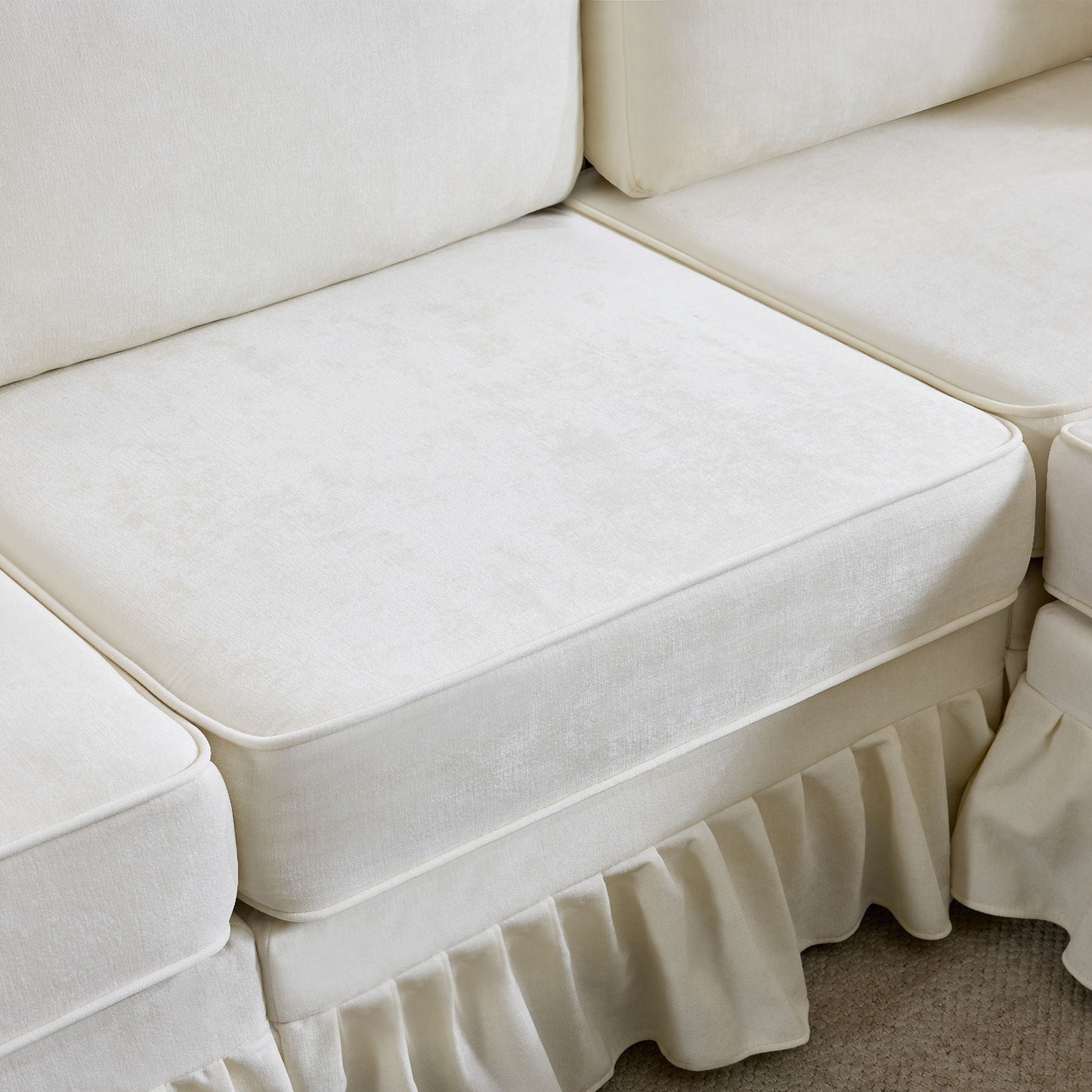 L-Shaped Sectional Sofa With Removable Ruffled Skirt, Flared Arms, Ottoman - White