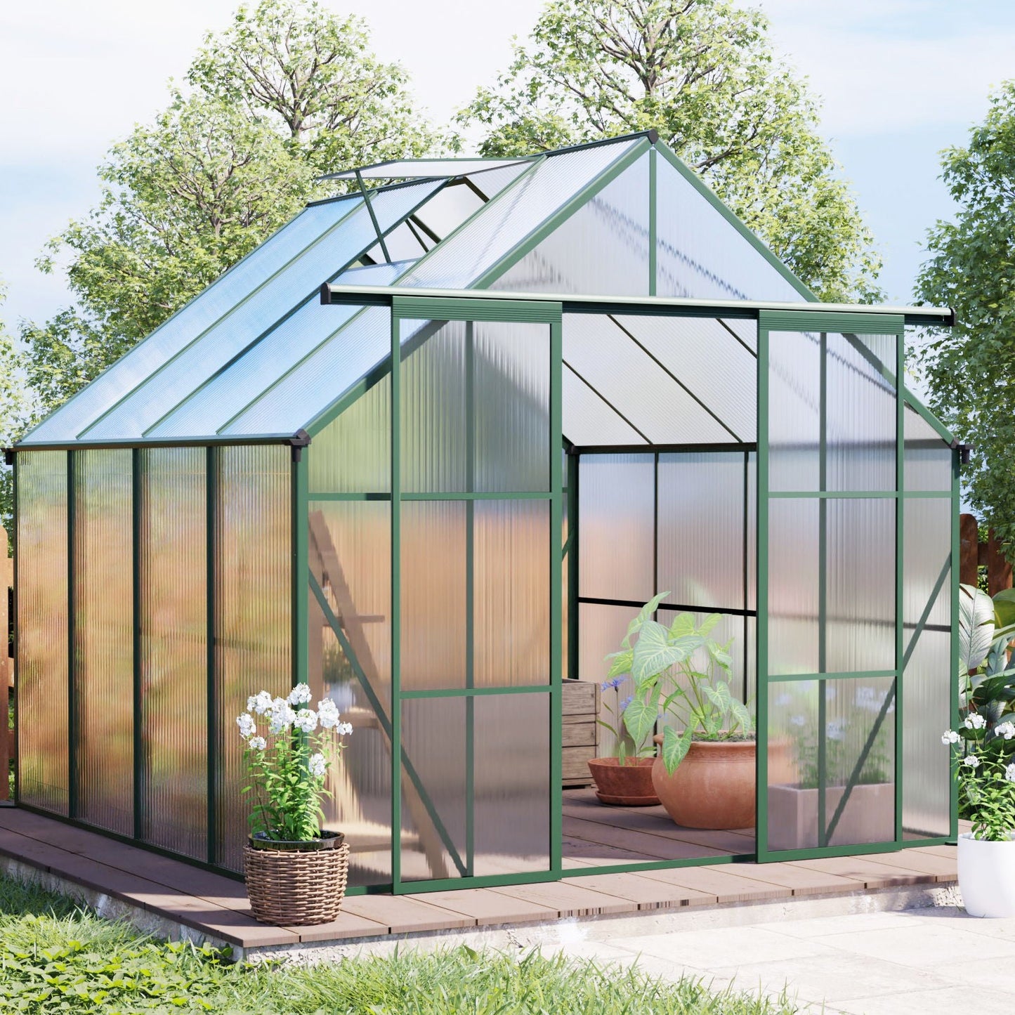 Double Door Polycarbonate house Raised Base And Anchor Aluminum Heavy Duty Walk In houses For Outdoor Backyard In All Season