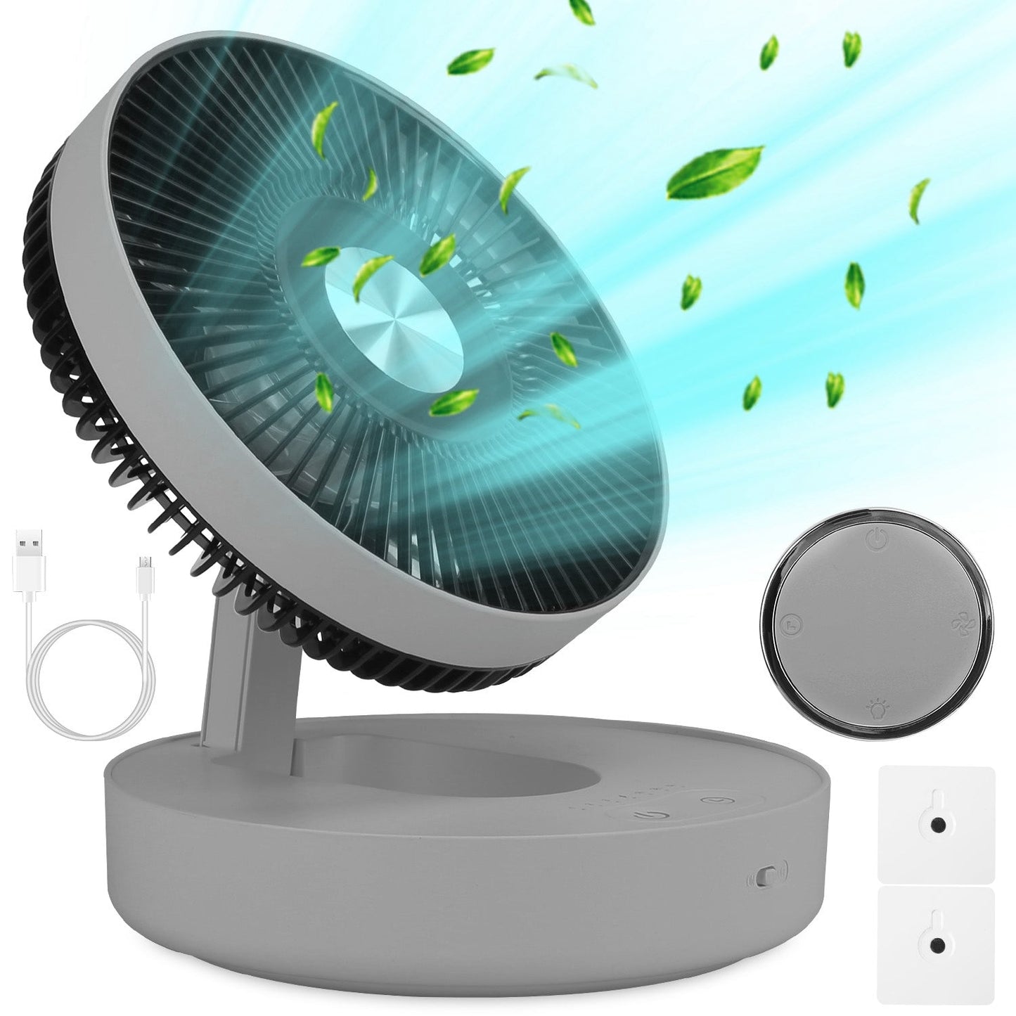 Foldable Rechargeable LED Desk Fan Wall Mounted Fan with Magnetic Remote Hanging Oscillating Fan with 4 Speeds 2 Brightness Time Setting Automatic Rot