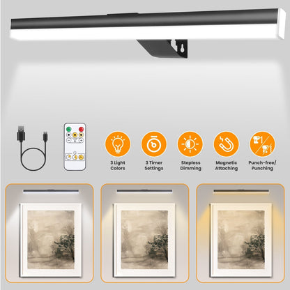 Wireless Picture Light Magnetic Art Display Light Dimmable Rechargeable Library Gallery Light with 3 Light Colors 3 Timer Settings Remote Control Punc