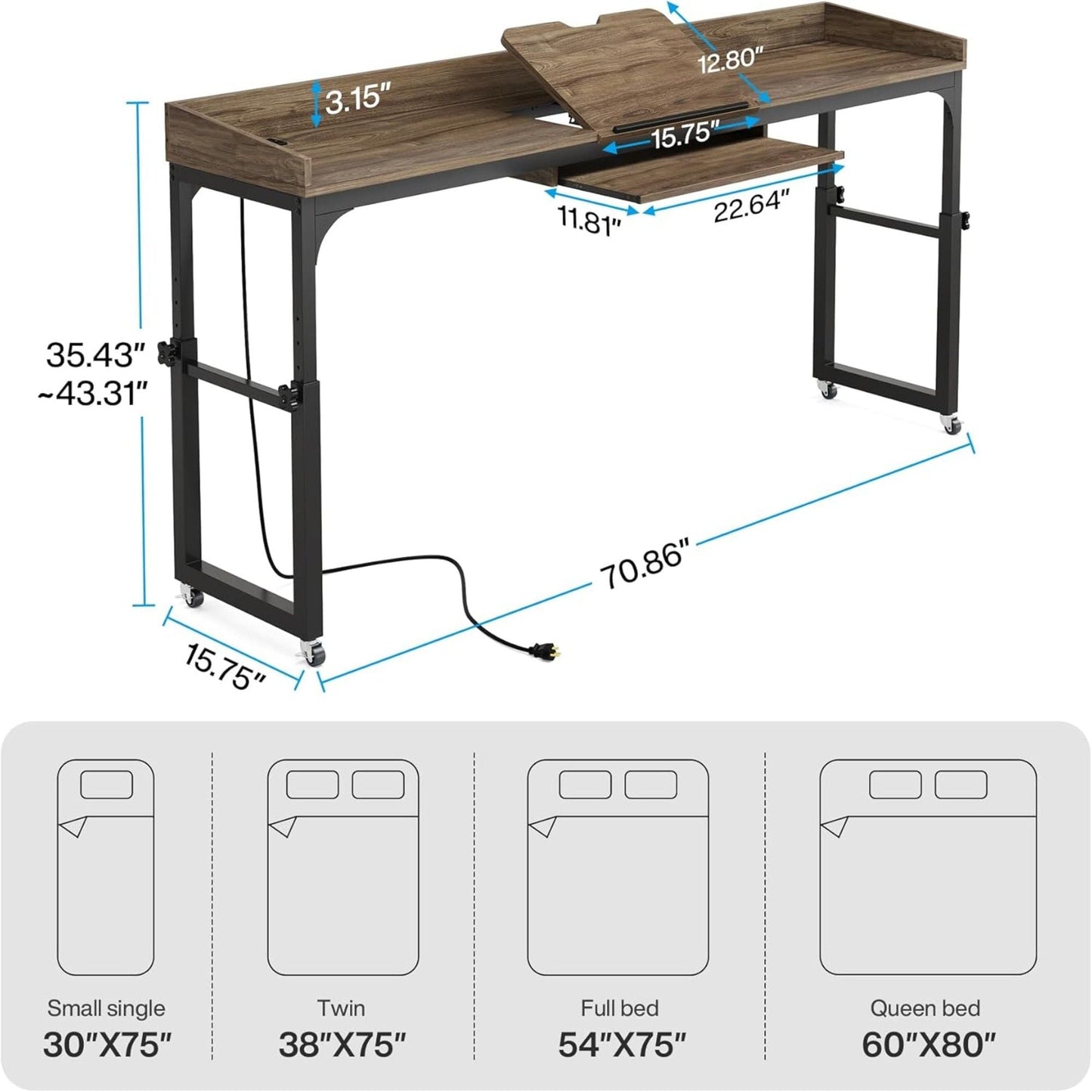 Adjustable Overbed Table With Wheels, Queen Size Mobile Desk - Dark Gray
