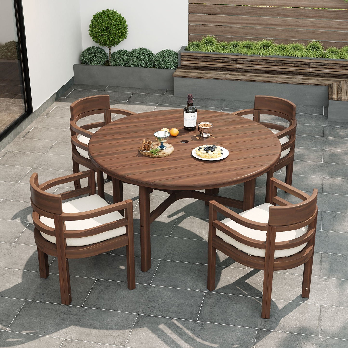 5 Piece Round Patio Table & Cushioned Armrest Chairs, Outdoor Dining Set With Umbrella Hole