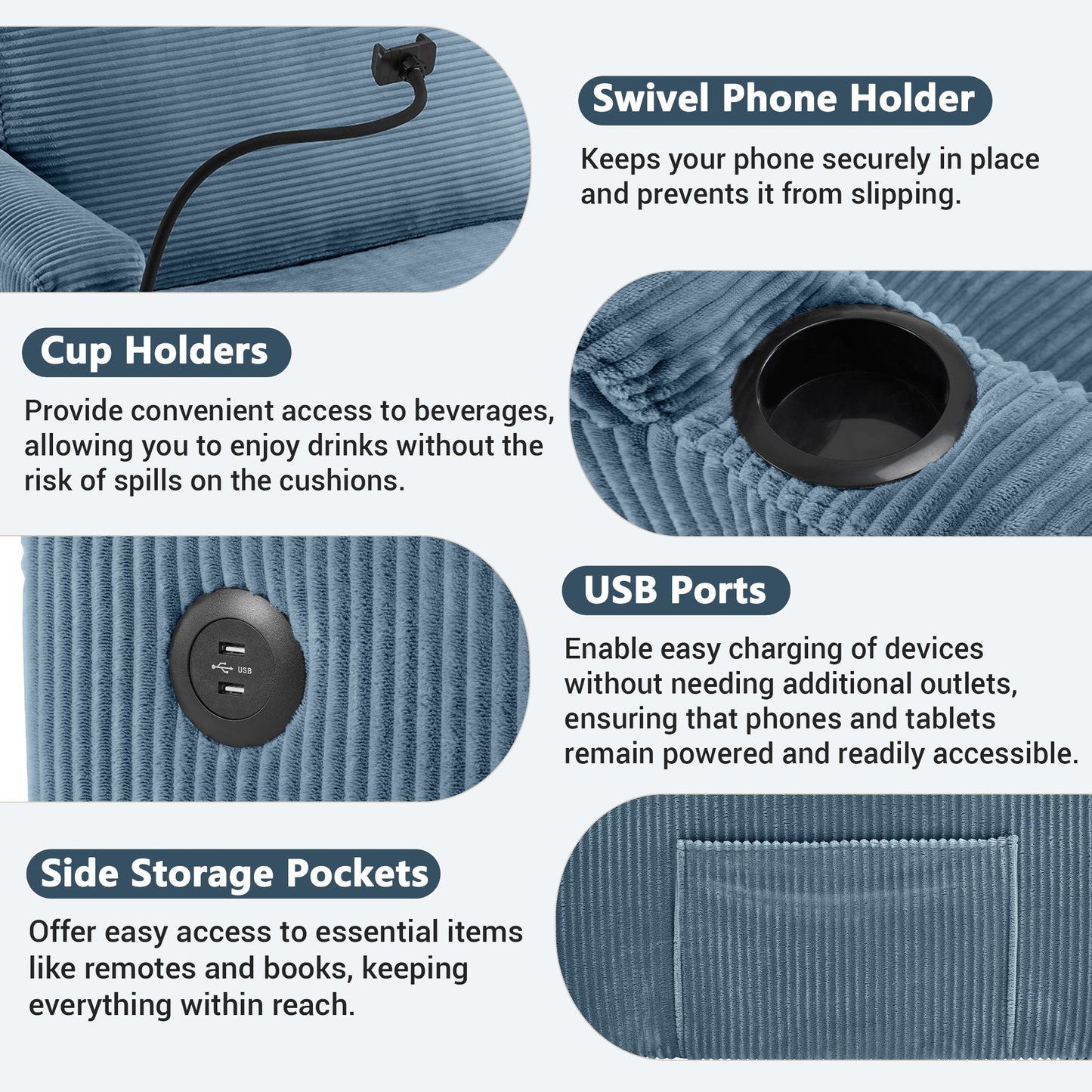 Sleeper Sofa Loveseat Sofa With Full Size Mattress, 2 USB Ports, 2 Cup Holders, 2 Side Pockets And Phone Holder