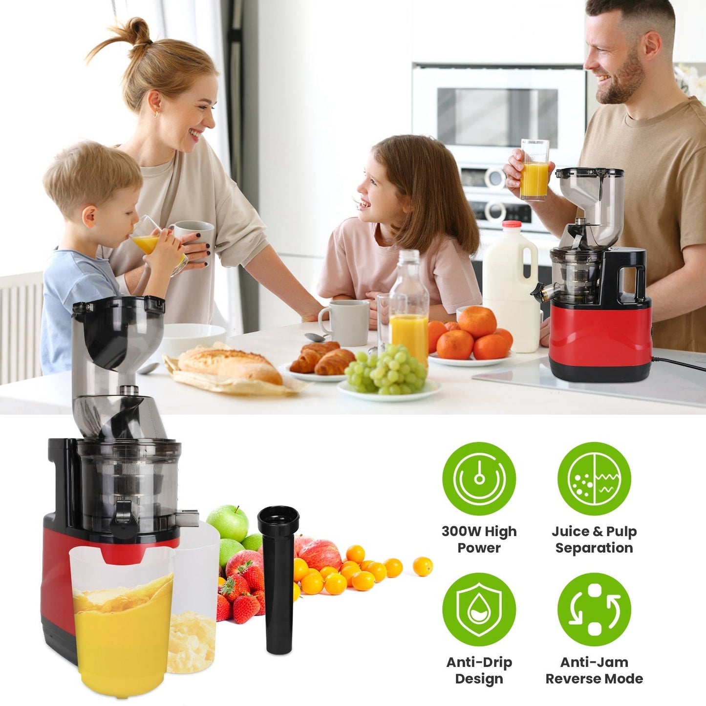 Cold Press Juicer Machine 300W Electric Slow Masticating Juicer for Whole Vegetable and Fruit with Reverse Function 2 Containers Cleaning Brush Clear