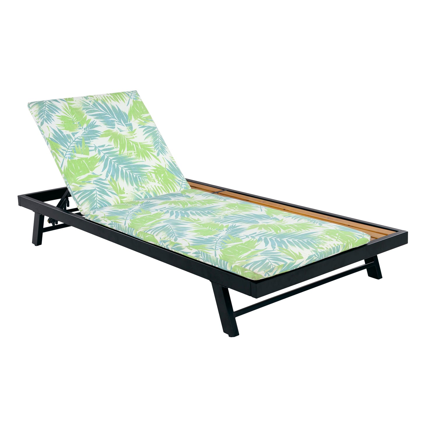 Black Iron + Teak Finish Outdoor Chaise Lounge Set with Leaf Coconut Cushion